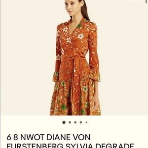 DVF 2022 wrap dress silk size 8 never worn fits 6-8 burnt orange floral